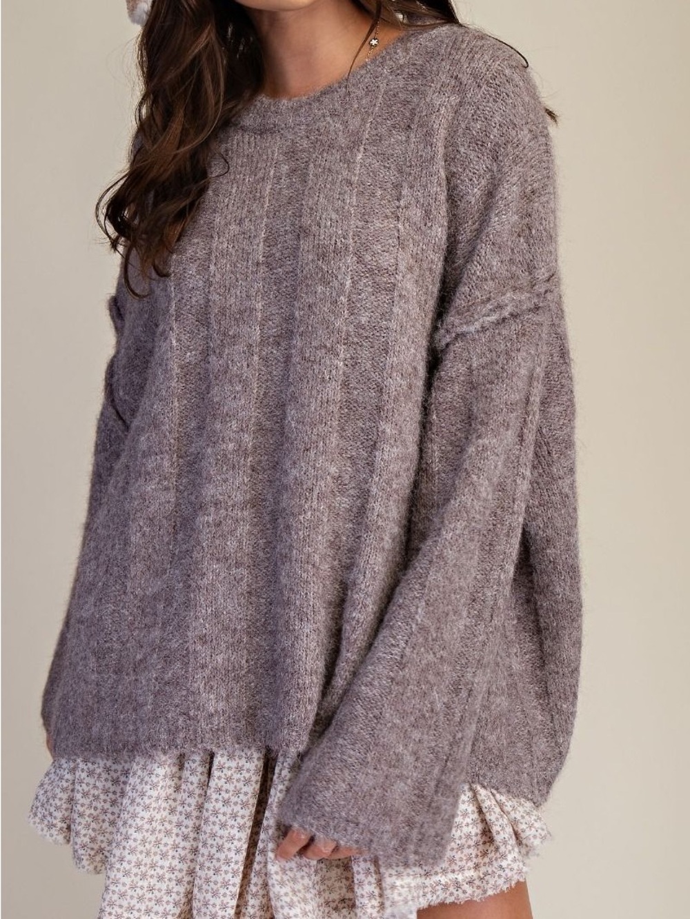 48.Easel OVERSIZED LONG SLEEVE FUZZ KNITTED SWEATER taupe brown mocha - Picture 5 of 6